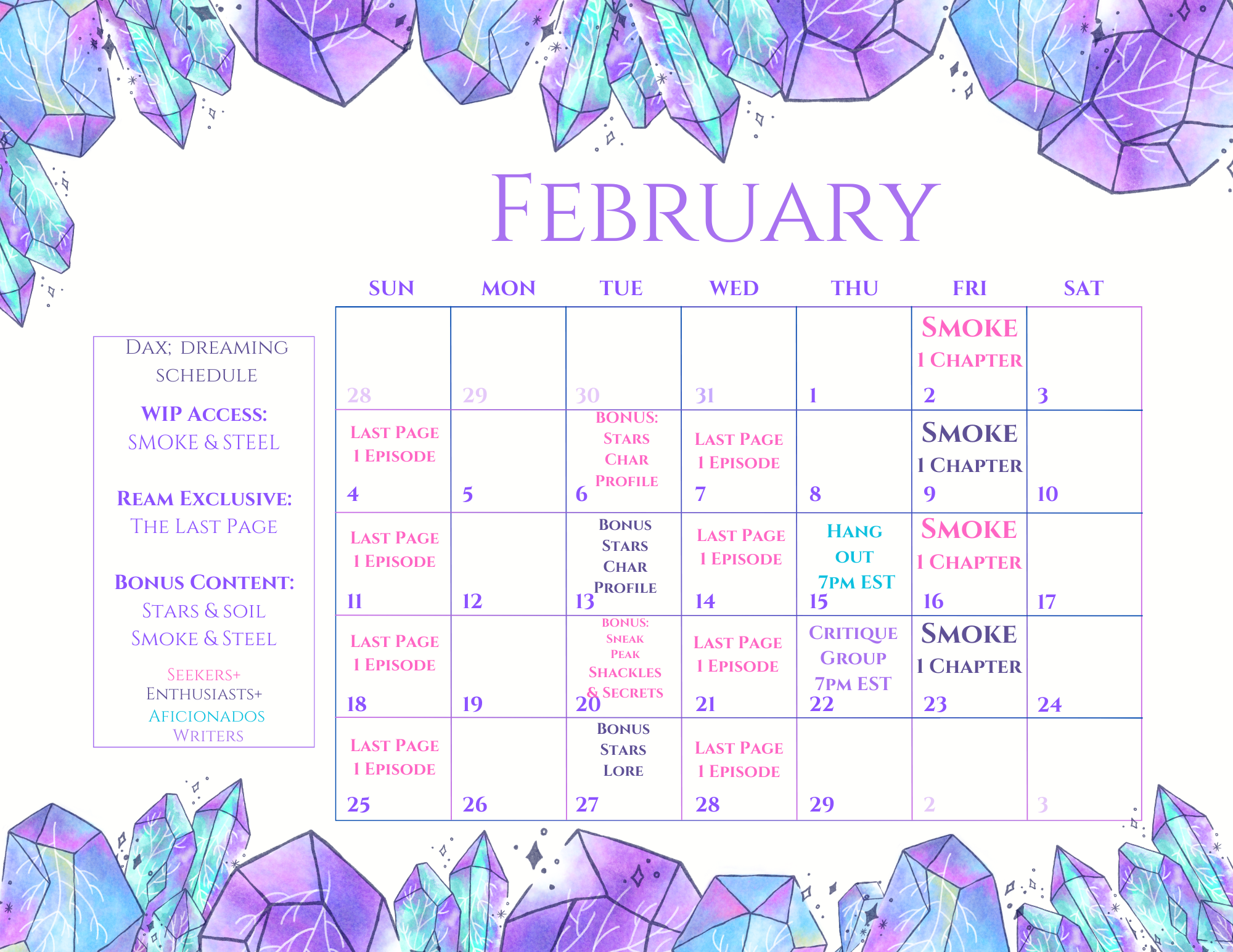 Calender with crystals on the edges and color coded dates. See written schedule.